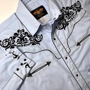El General Mens Small Blue Embroidered Western Pearl Snap Shirt  Cowboy Vaquero